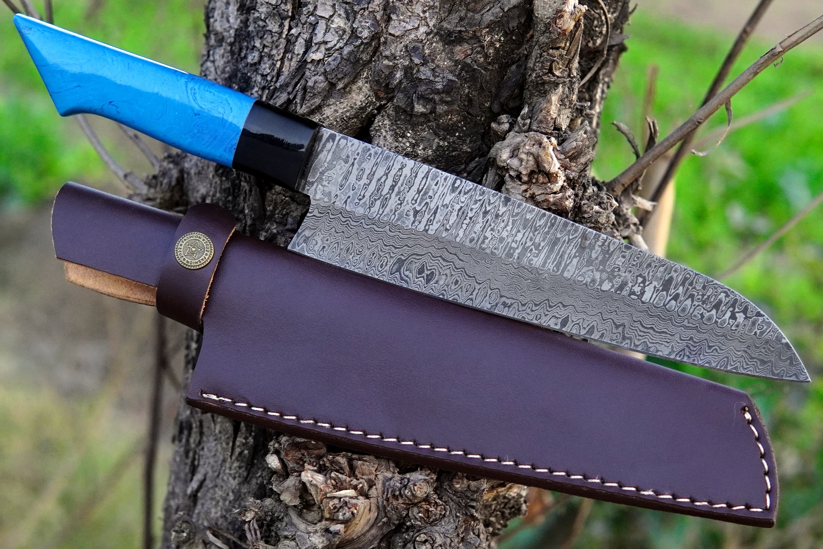 Custom Handmade Damascus Steel Chef Knife Resin Handle Kitchen Knife Special For Outdoor & Camping With Leather Sheath