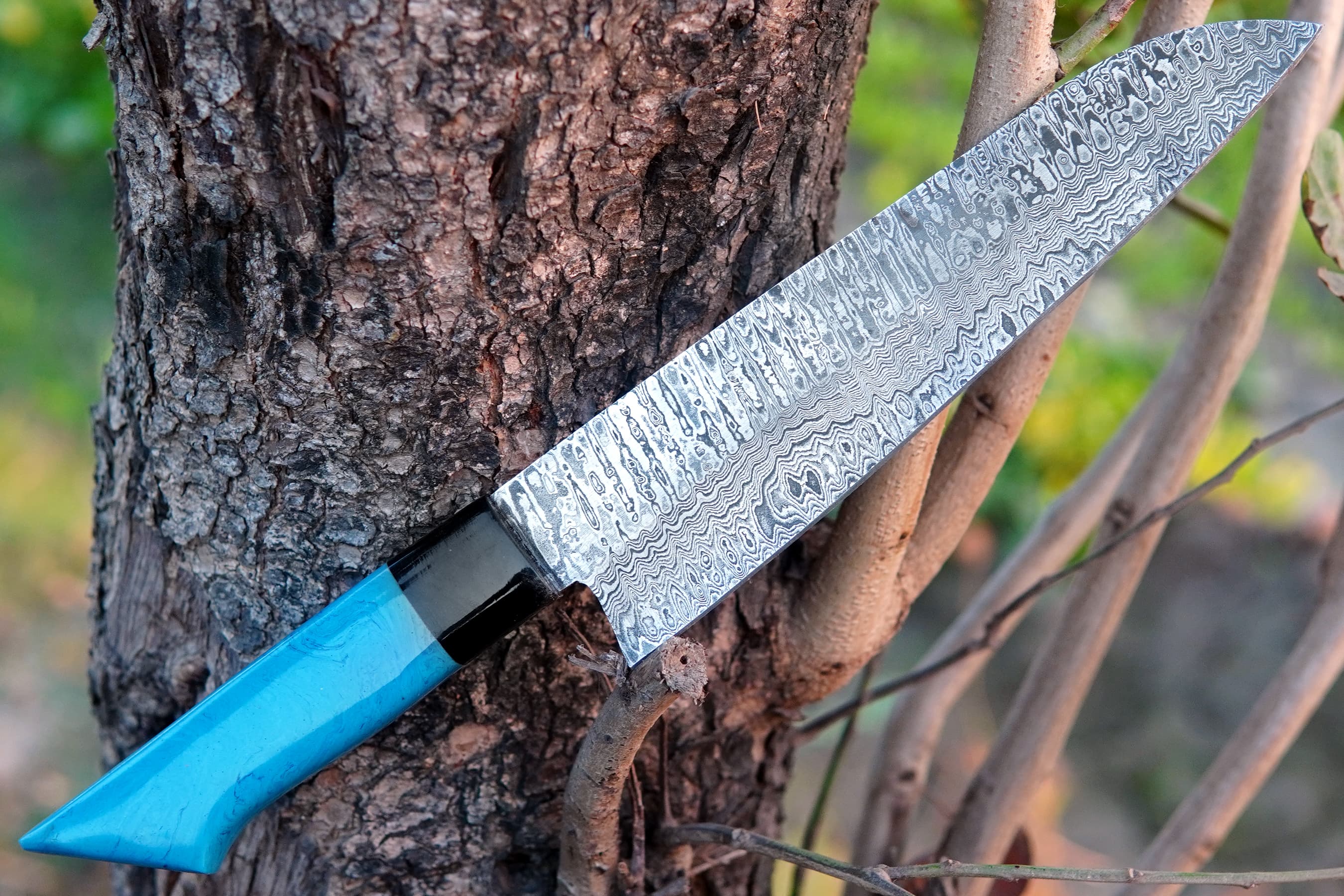 Custom Handmade Damascus Steel Chef Knife Resin Handle Kitchen Knife Special For Outdoor & Camping With Leather Sheath