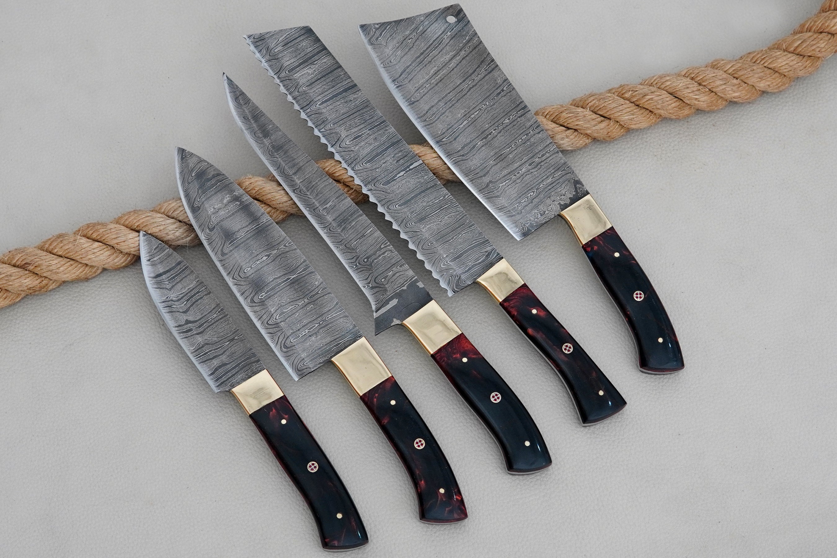 Handmade Kitchen Knives Set – 5 pcs Damascus Steel Forged Chef Knives with Leather Kit & Handles Made with Black Shiny Unique Resin