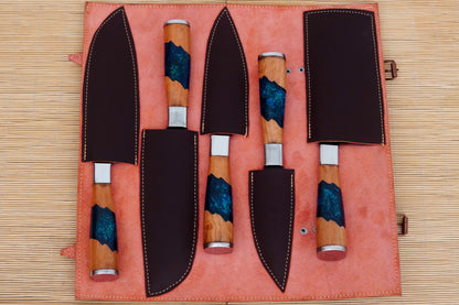 Handmade Kitchen Knives Set – 5 pcs Carbon Steel Black Powder Coated Forged Steel Chef Knives with Leather Kit & Beautiful Mixed Resin with Olive Wood Handles