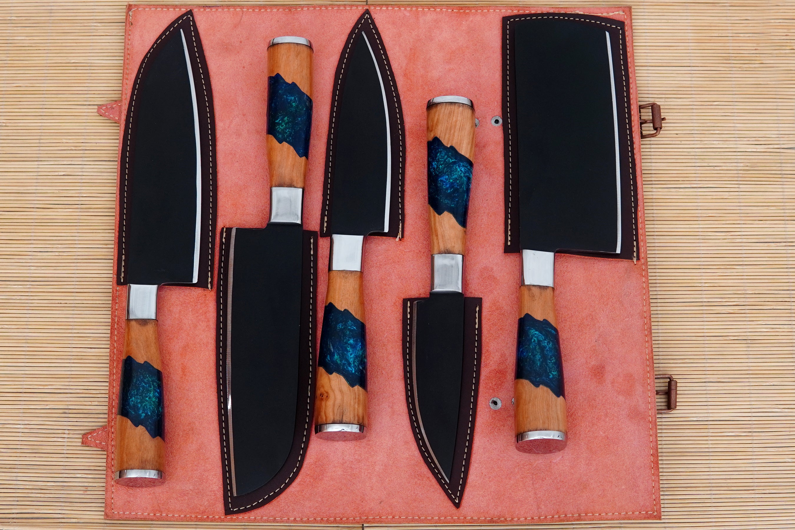 Handmade Kitchen Knives Set – 5 pcs Carbon Steel Black Powder Coated Forged Steel Chef Knives with Leather Kit & Beautiful Mixed Resin with Olive Wood Handles