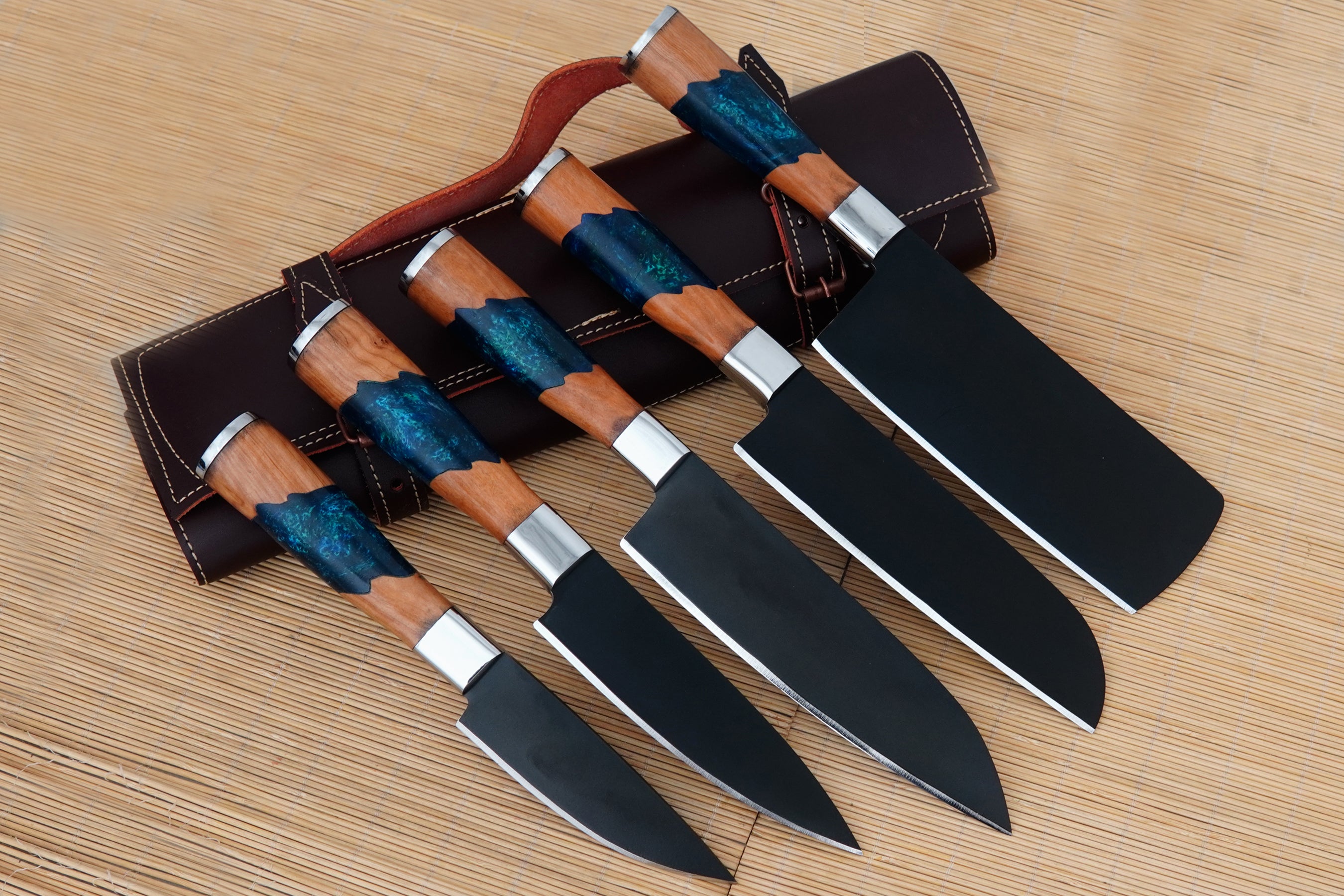 Handmade Kitchen Knives Set – 5 pcs Carbon Steel Black Powder Coated Forged Steel Chef Knives with Leather Kit & Beautiful Mixed Resin with Olive Wood Handles