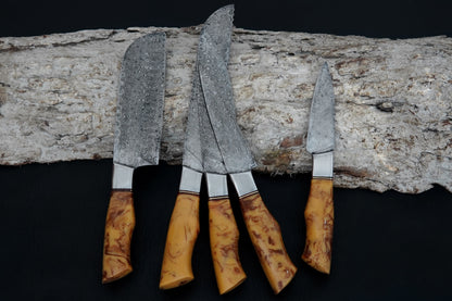 Handmade Kitchen Knives Set – Damascus Steel Forged Full Tang Chef Knives with Leather Kit & Beautiful Resin Handles, Raindrop Damascus Pattern