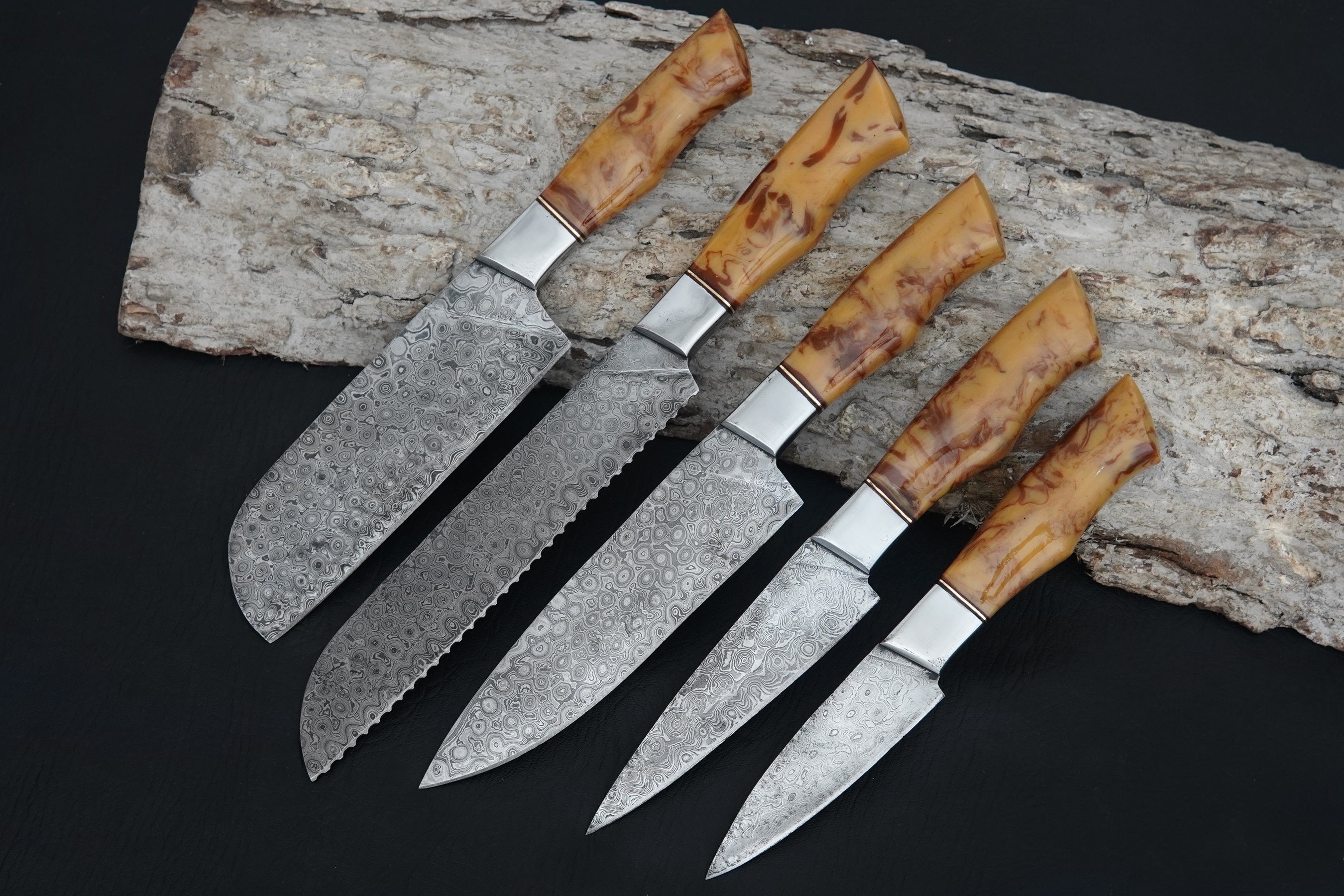 Handmade Kitchen Knives Set – Damascus Steel Forged Full Tang Chef Knives with Leather Kit & Beautiful Resin Handles, Raindrop Damascus Pattern