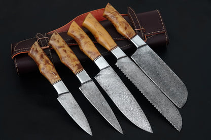 Handmade Kitchen Knives Set – Damascus Steel Forged Full Tang Chef Knives with Leather Kit & Beautiful Resin Handles, Raindrop Damascus Pattern