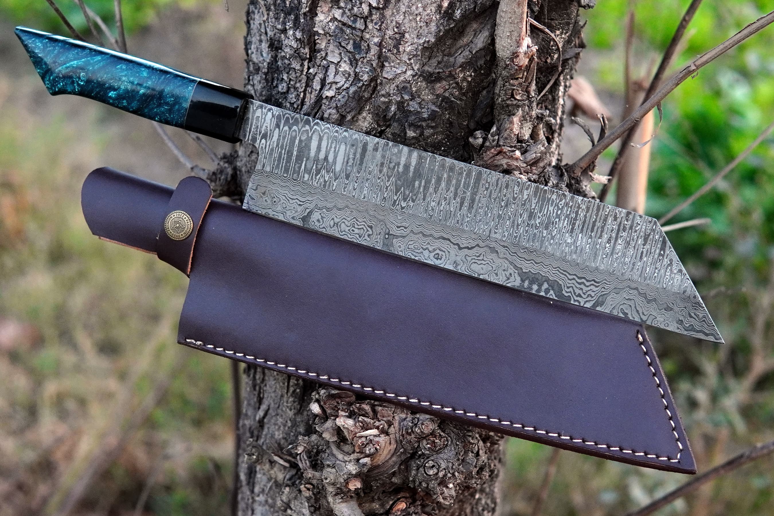 Custom Handmade Damascus Steel Chef Knife Resin Handle Kitchen Knife Special For Outdoor & Camping With Leather Sheath