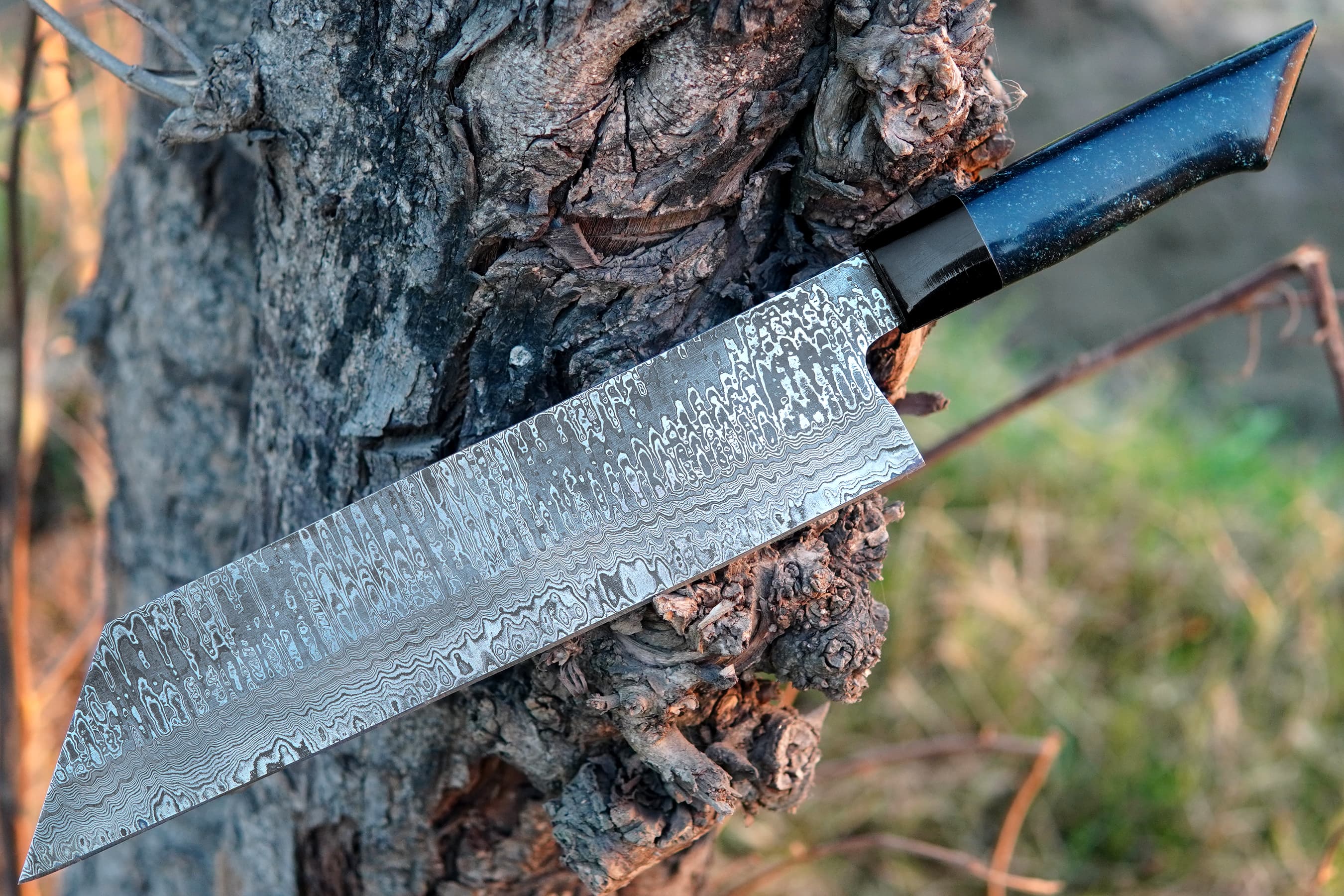 Custom Handmade Damascus Steel Chef Knife Resin Handle Kitchen Knife Special For Outdoor & Camping With Leather Sheath